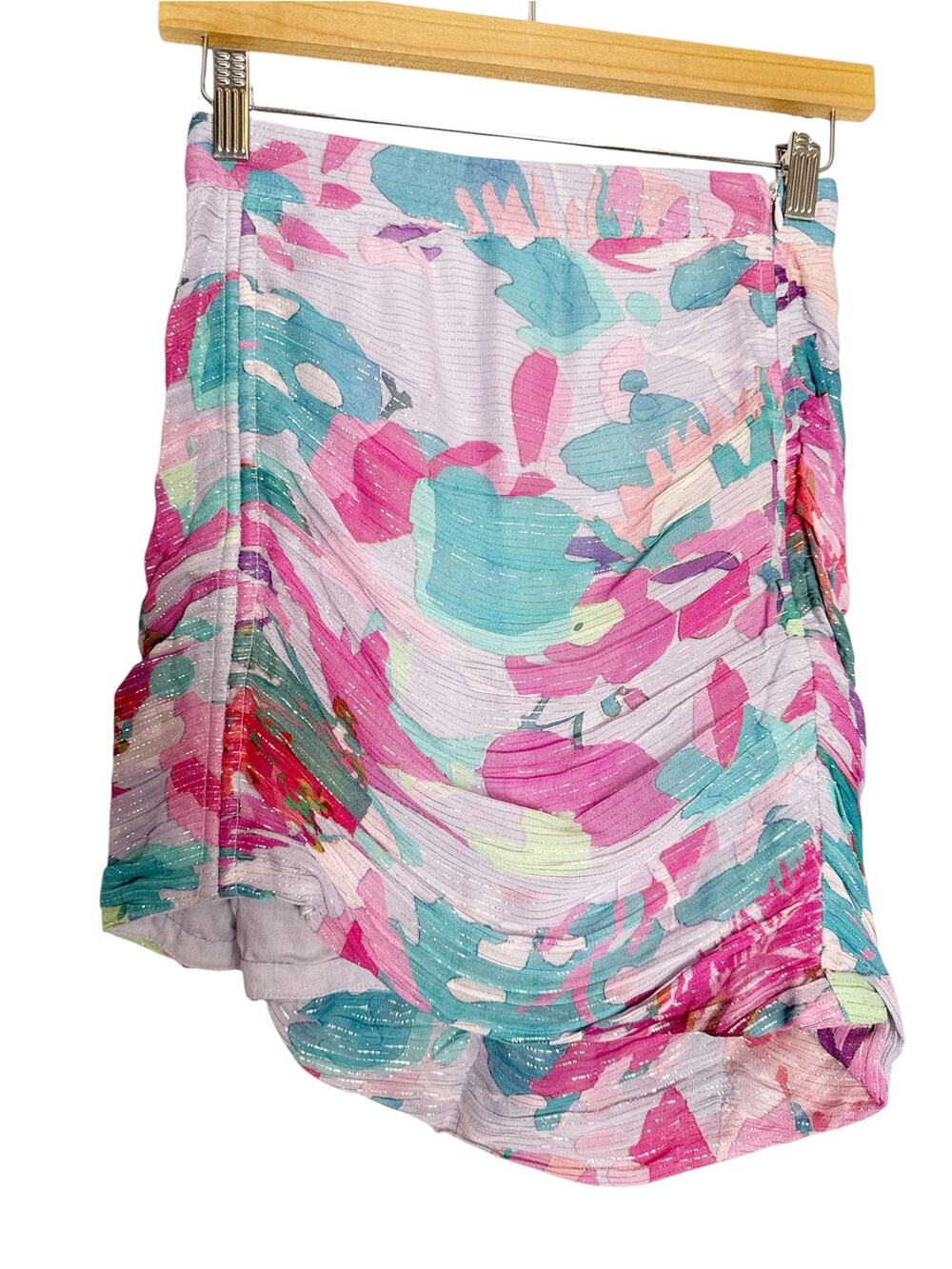 Rococo Sand Pink Blue Abstract Metallic Print Ruched Asymmetrical Mini Skirt S